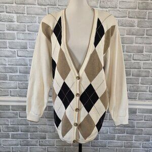 Liz Claiborne Cotton Argyle Cardigan Sweater Preppy Classic Oversized Large